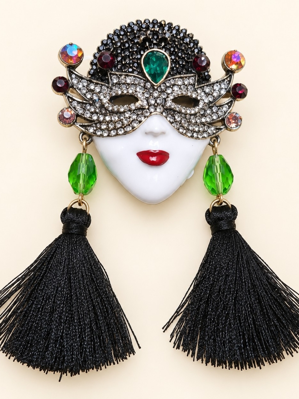 Masquerade Face Tassel Earrings - Black & Green